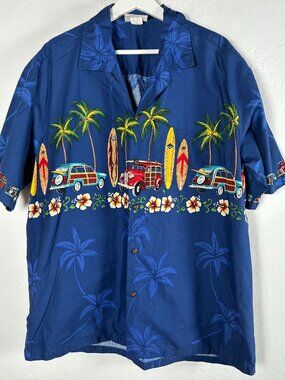 Winnie Fashion Mens Hawaiian Shirt XL Blue Surfer Print Palm Trees Surfboards